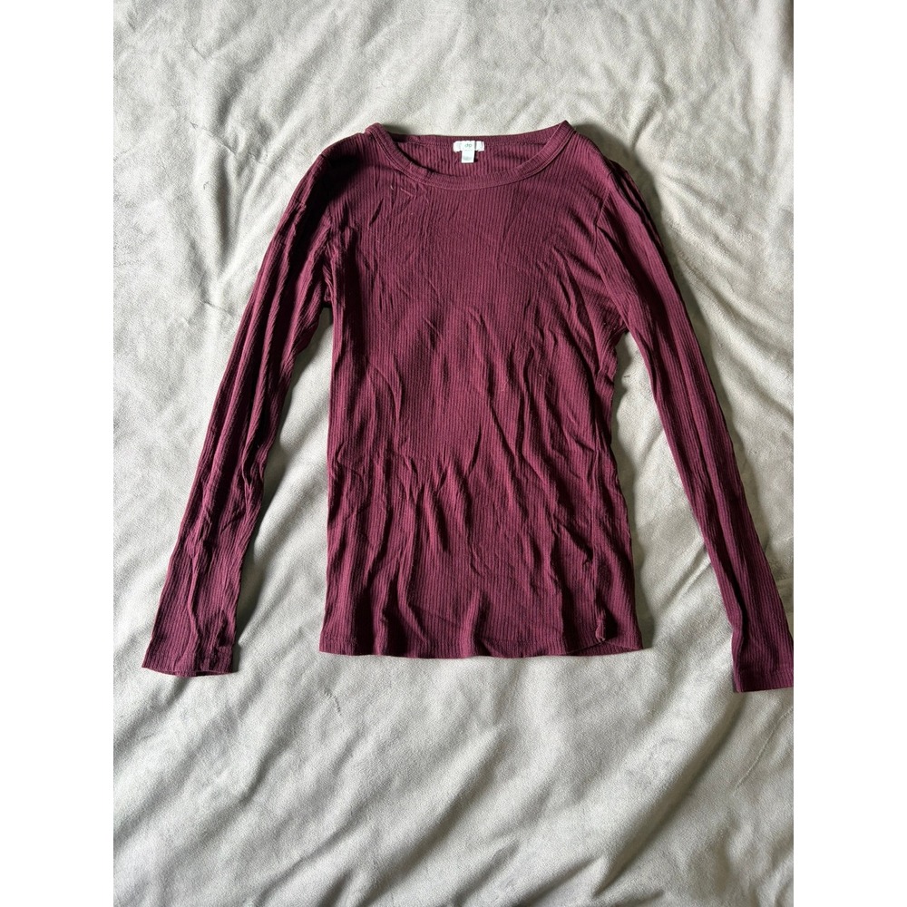 DHP Burgundy Ribbed Knit Long Sleeve Crew Neck Top Size Large Wine Maroon